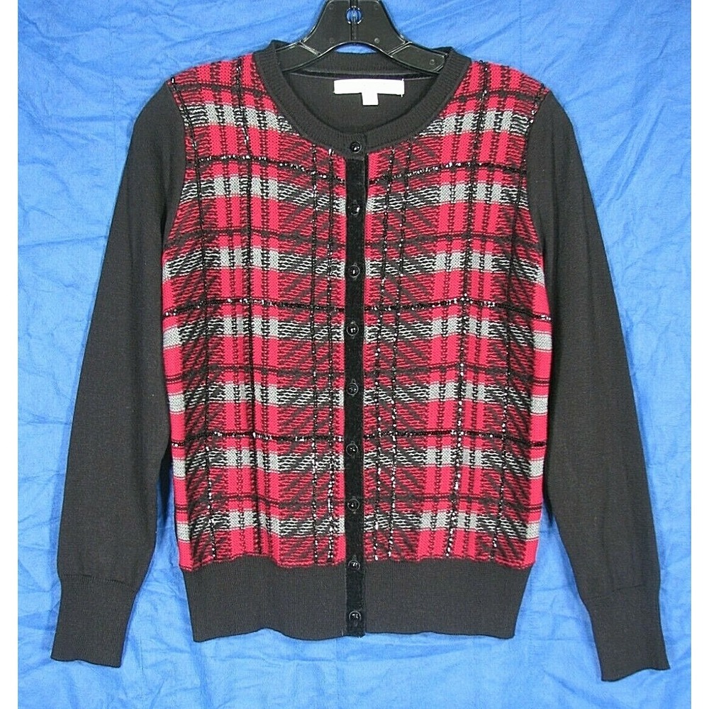 FOXCROFT Red/Black Plaid MID-WEIGHT Sequined BUTTON-UP Sweater/Cardigan S-P